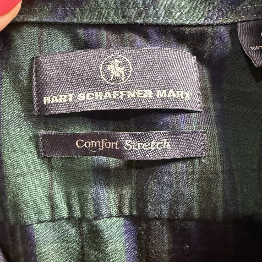 Hart Schaffer Marx Men's Plaid Green & Blue Button Down Long Sleeve Size Large